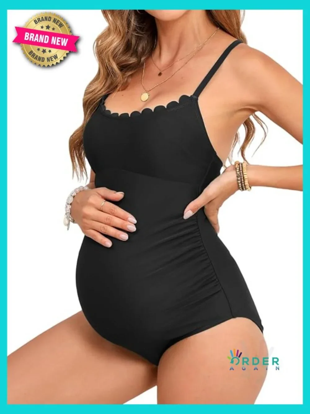 Scoop Neck Maternity Swimsuit Scalloped Lace Up Back Criss Cross Tie One Piece
